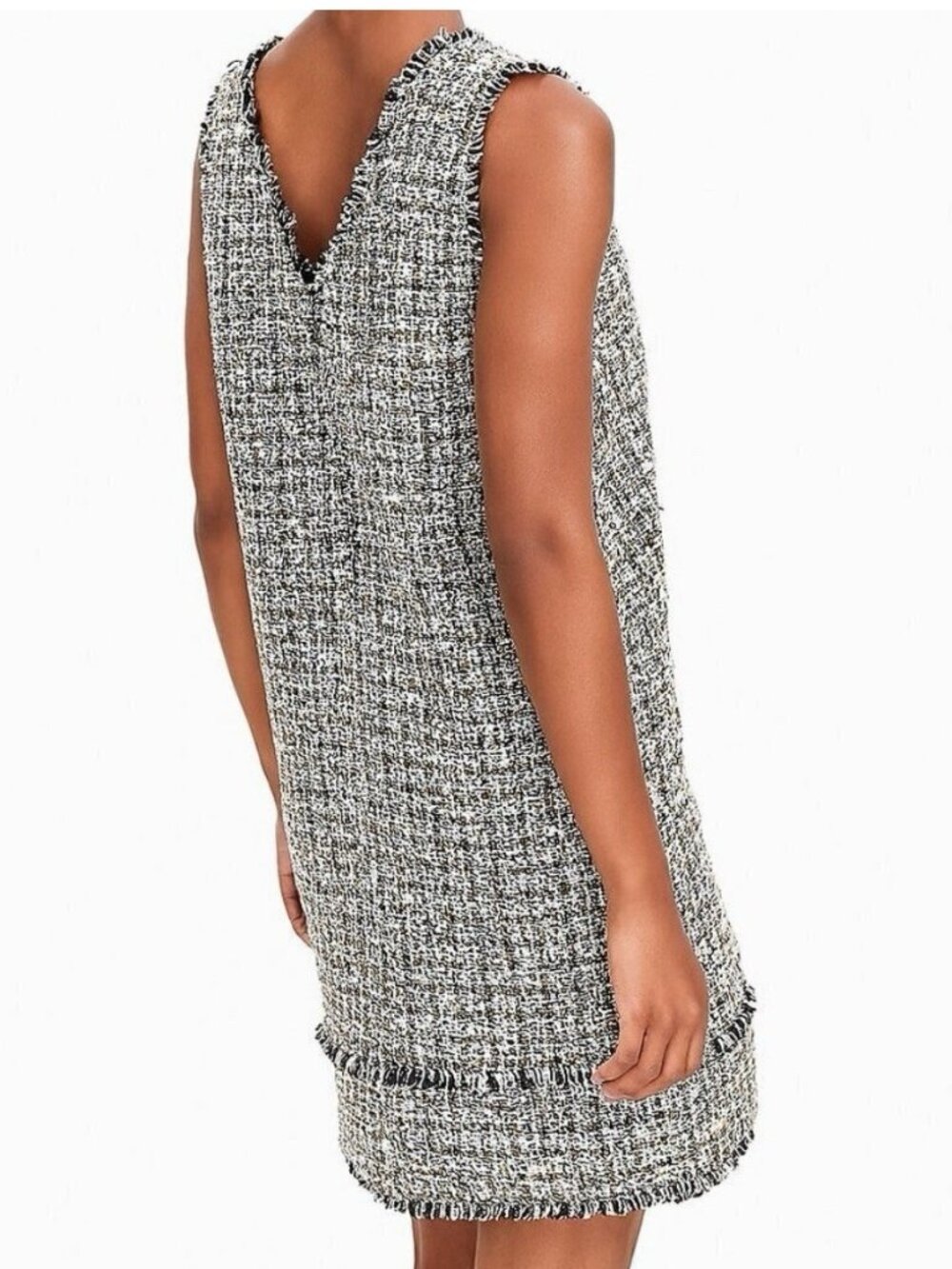 LOFT Womens Dress Size 12 Tweed Sleeveless V-Neck Fringe Navy White Gold NWT - Picture 5 of 11